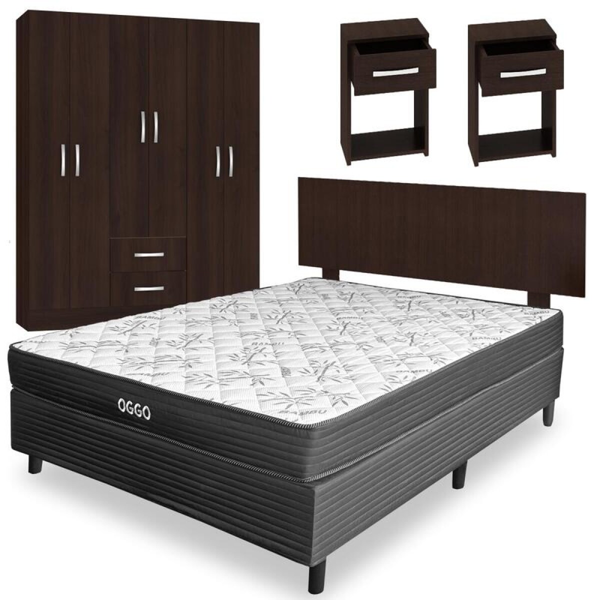 Combo Sommier Super Mega 2 Plazas Ropero 6 Puertas Con Perchero y Respaldo con Mesas de Luz - Marrón 