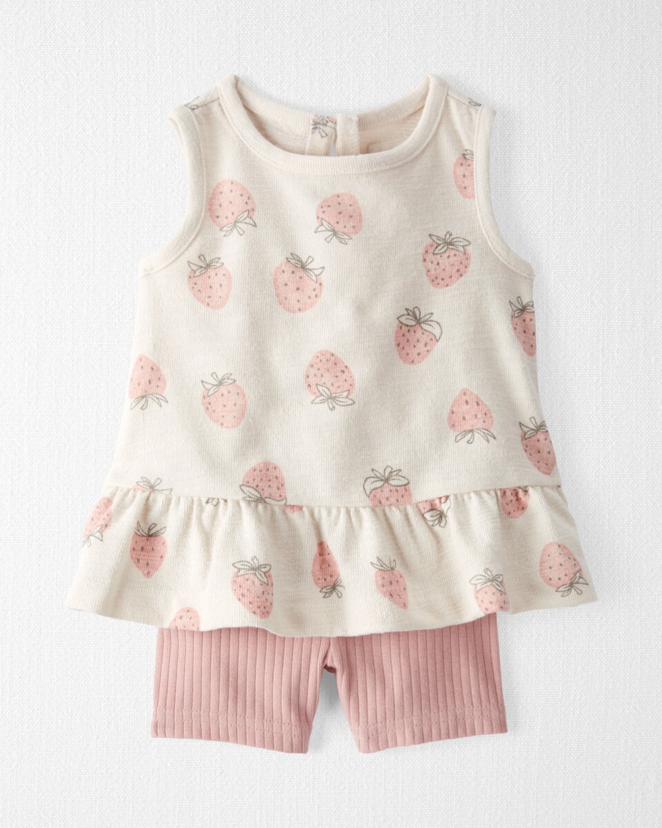 Set dos piezas de algodón orgánico, short y musculosa, diseño frutillas 