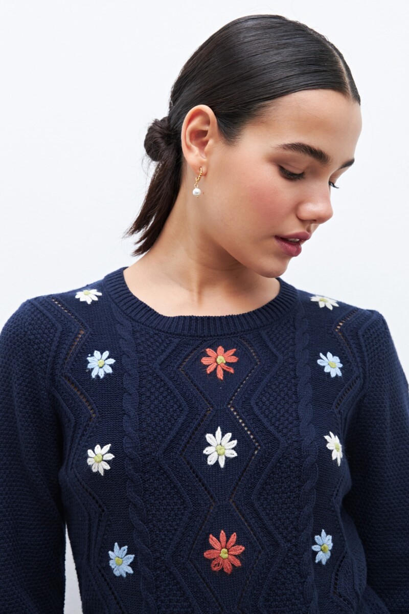 Sweater con bordado floral azul marino
