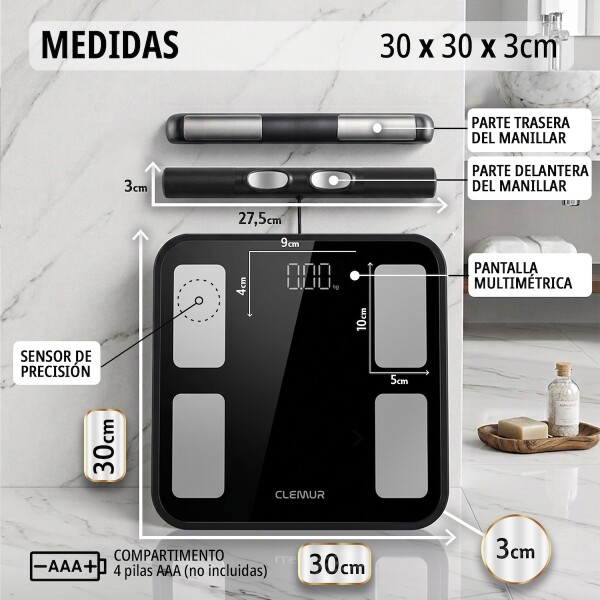 Balanza Digital Bluetooth Baño Bioimpedancia Masa Corporal 8 electrodos CLEMUR Color Negro Balanza Digital Bluetooth Baño Bioimpedancia Masa Corporal 8 electrodos CLEMUR Color Negro