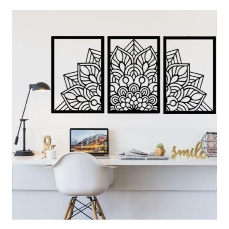 Triptico Cuadro Mandala En Madera Calada 103 X 70 Cmts Negro