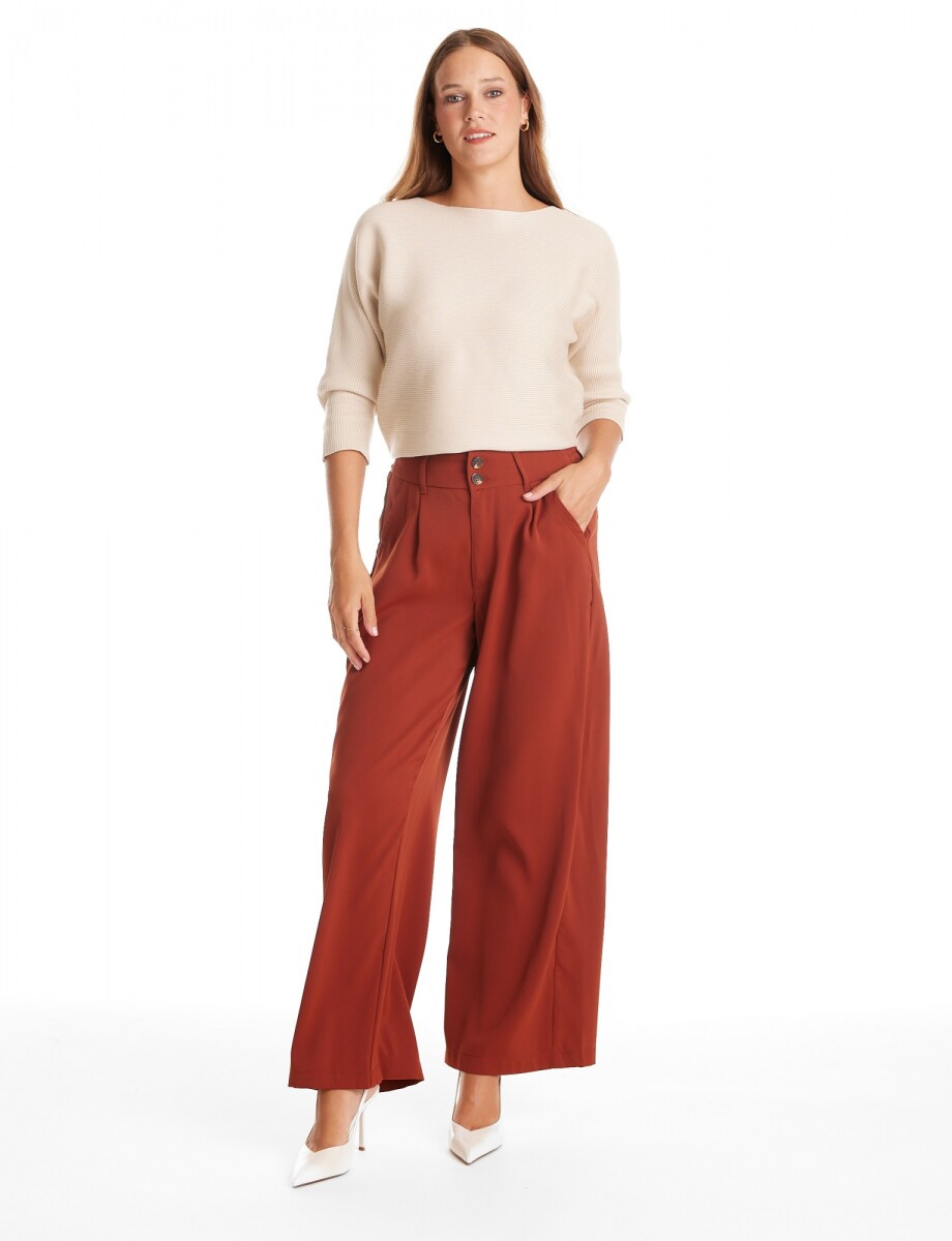 Palazzo Con Doble Botón & Cintura Elástica - Terracota 