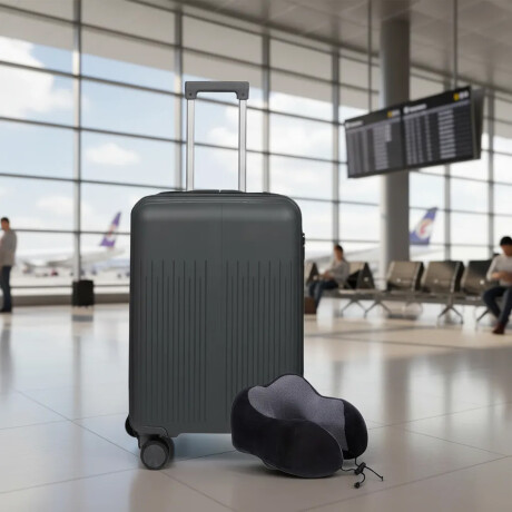 Set Valija Mediana Rigida + Almohadón Cervical Memoria Negro Gris Oscuro