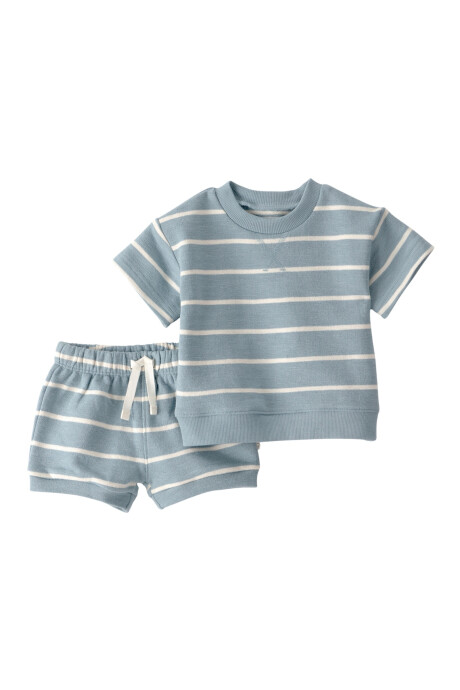Set dos piezas de algodón orgánico, short y remera, azul y blanco, diseño a rayas Sin color