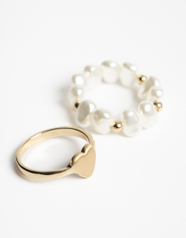 Sets Anillos Perlas Anillo Set Perla Y Corazones. - Dorado