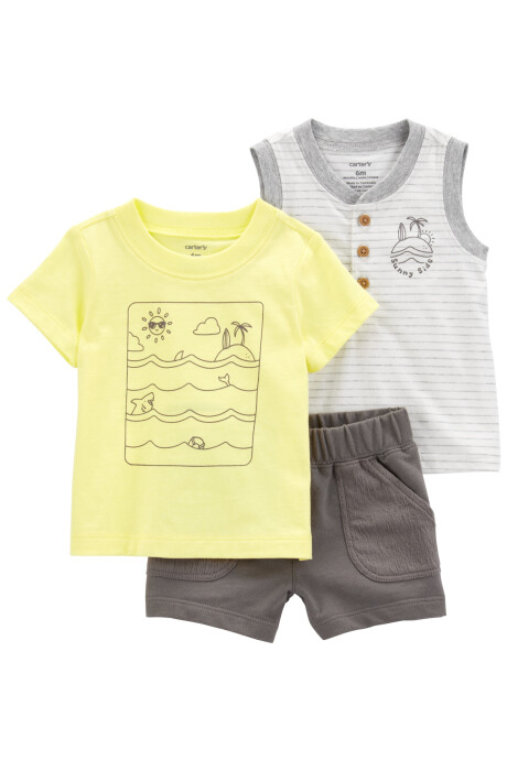 Set tres piezas de algodón, short, remera y musculosa, diseño océano Sin color