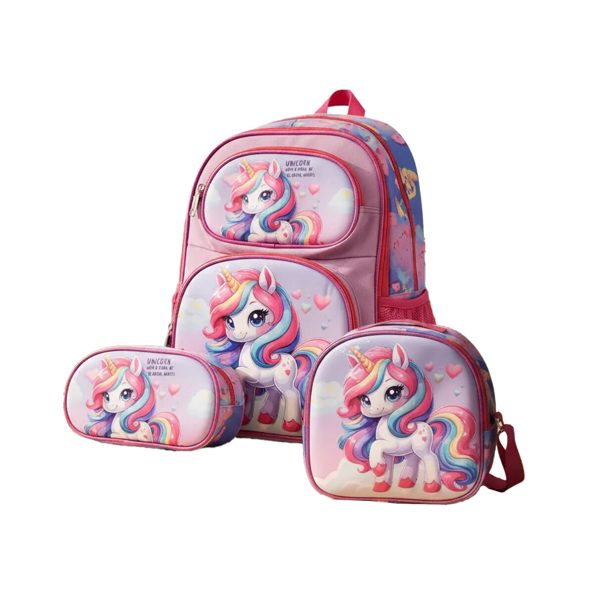 Set Mochila Lonchera Cartuchera Escolar 3 Piezas - Fucsia 