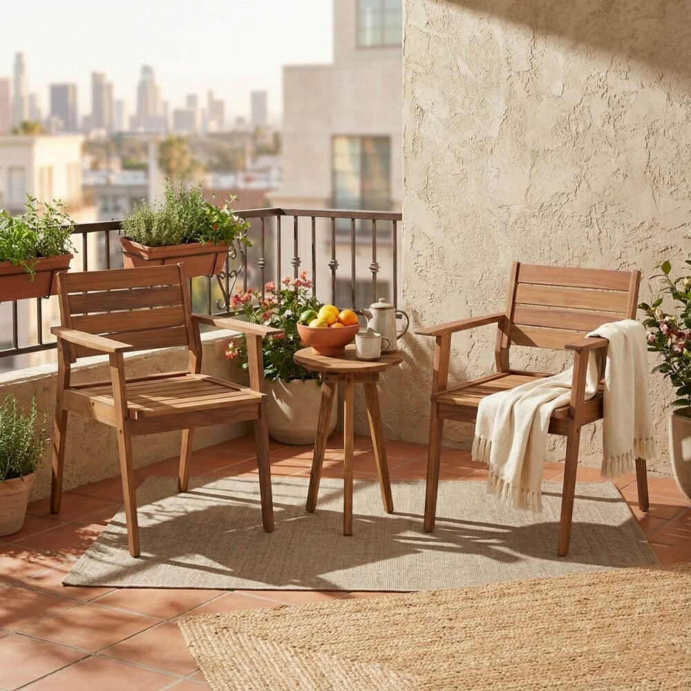 Set de Silla de Patio con Apoyabrazos en Teca Mesa Auxiliar Set de Silla de Patio con Apoyabrazos en Teca Mesa Auxiliar