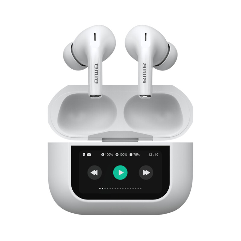 Auriculares TWS Waterpoof AIWA con Pantalla Táctil Bluetooth 5.3 Cancelación de Ruido y Micrófono Blanco