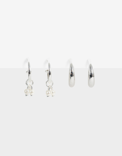 Aros Argollas Set Perlas Set De 2 Pares De Argollas De Metal Con Perla Bañado En Plata - Plateado