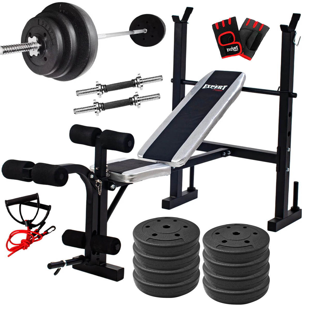 Banco Pecho + Scott + Barra 150 +2 Mancuernas +40kg - 8 Discos 5kg 