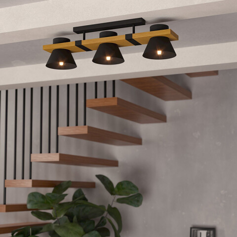 Lámpara de techo 3xE27 acero negro y madera EG6138