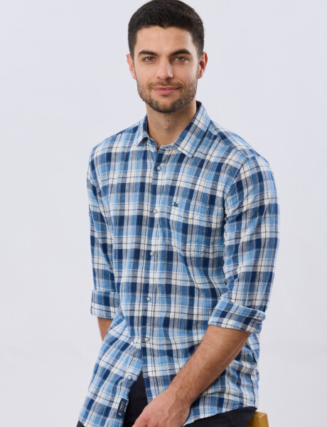 CAMISA CUADROS DE LINO Celeste