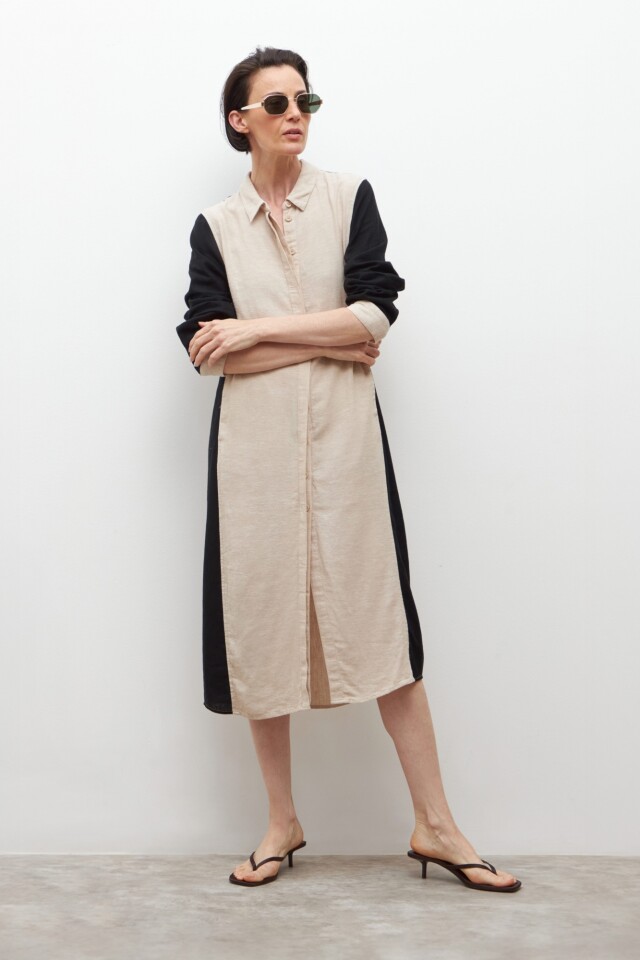 Vestido de lino camisero bicolor negro