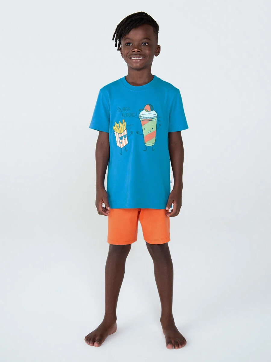 PIJAMA DE NIÑO CON ESTAMPA Y BERMUDA - CELESTE 