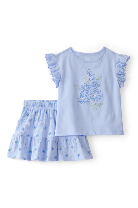Set dos piezas, short pollera de jersey arrugado y remera de algodón, azul, diseño floral Set dos piezas, short pollera de jersey arrugado y remera de algodón, azul, diseño floral