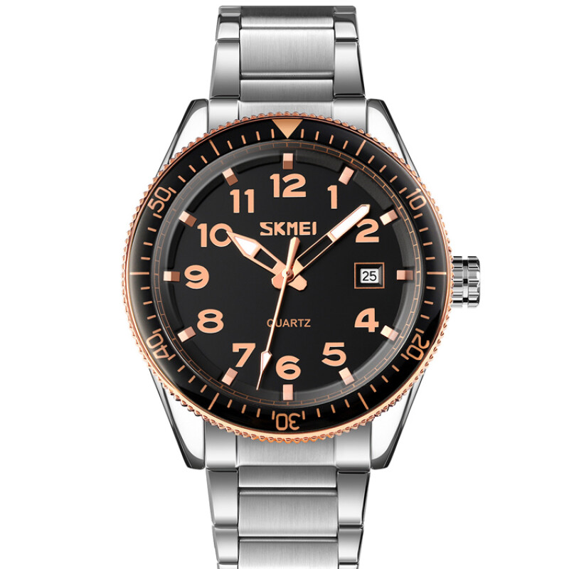 Reloj Skmei 9232SRGBK analógico para hombre en acero plateado con esfera negra y detalles rosé Negro