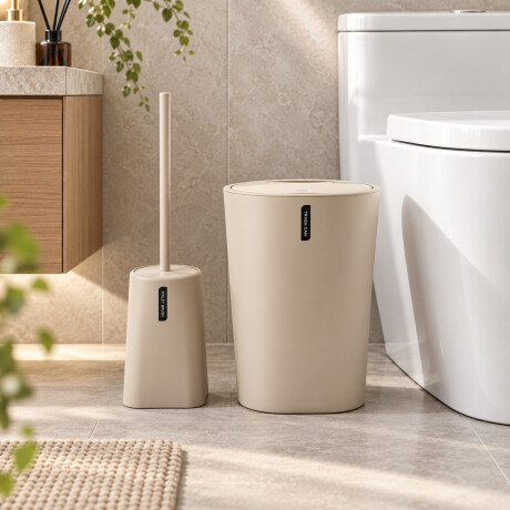 Set de Baño 2 Piezas con Papelera y Cepillo para Inodoro de Plástico Beige