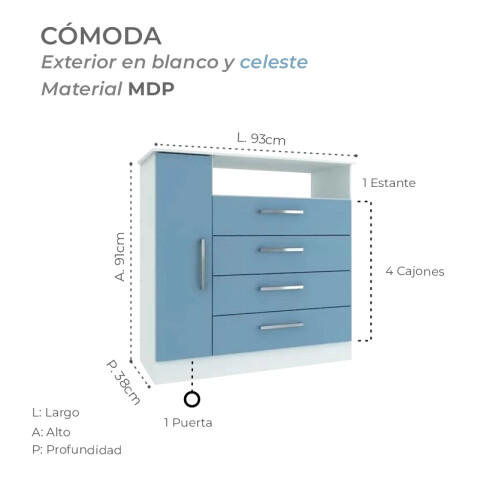 Combo Armario 4 Puertas, Cómoda y Mesa de Luz 3 Cajones - MDP - Celeste Combo Armario 4 Puertas, Cómoda y Mesa de Luz 3 Cajones - MDP - Celeste