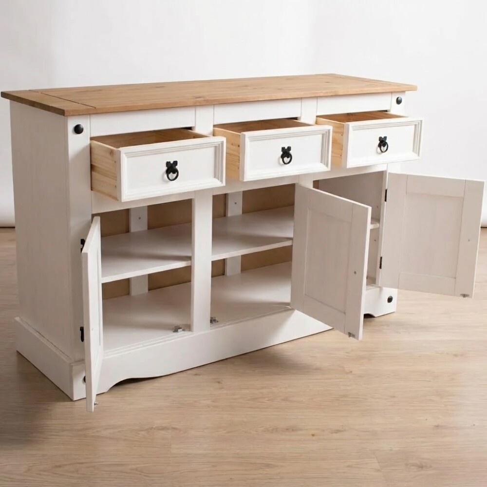 APARADOR BUFFET DE 3 PUERTAS 3 CAJONES MADERA MACIZA LÍNEA MEXICANA BLANCO