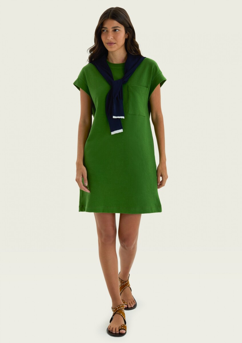 VESTIDO BÁSICO FEMENINO MANGA CORTA CON BOLSILLO - VERDE 