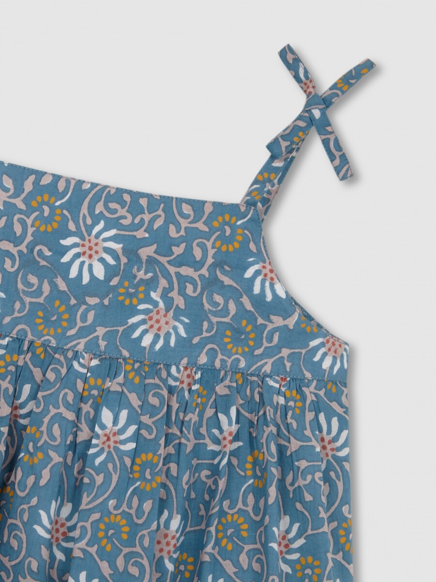 Vestido Talle Alto Con Estampado De Flor Azul Pato