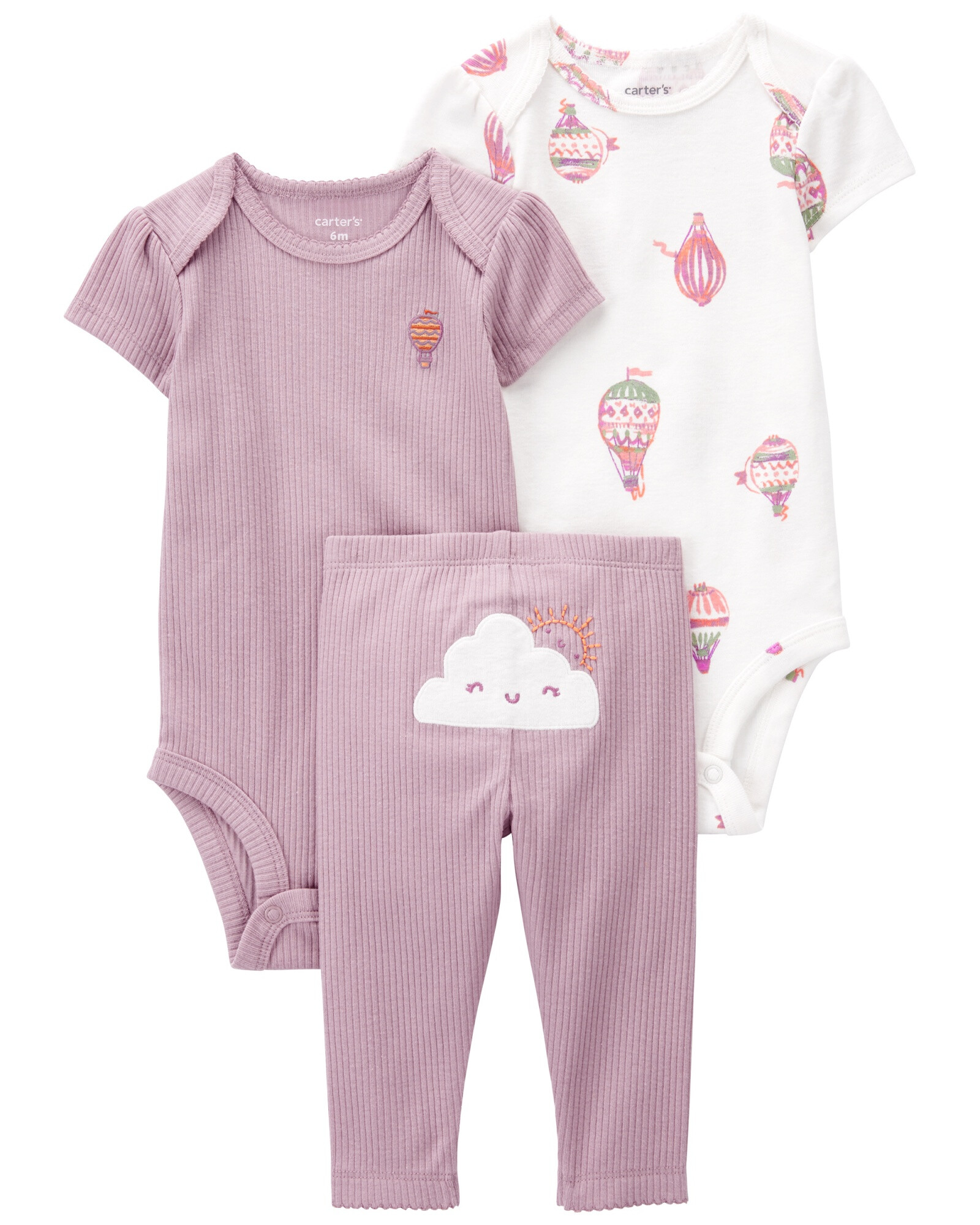 Set tres piezas de algodón, pantalón y bodies, diseño globo Set tres piezas de algodón, pantalón y bodies, diseño globo