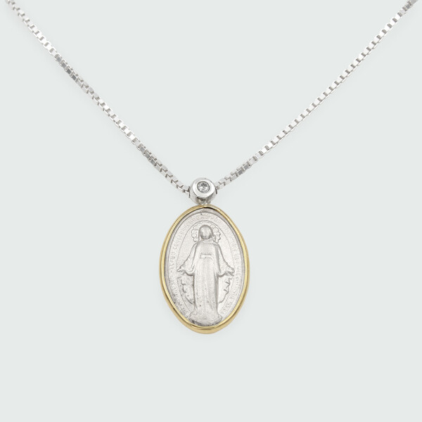Medalla religiosa Virgen Milagrosa de plata 925 con brillante y virola de oro 18k (incluye cadena) Medalla religiosa Virgen Milagrosa de plata 925 con brillante y virola de oro 18k (incluye cadena)