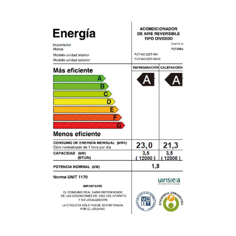 Aire Acondicionado Futura 12000 Btu Fut-12aa-c Split, (Función Deshumidificador Y Ventilación1 Aire Acondicionado Futura 12000 Btu Fut-12aa-c Split, (función Deshumidificador Y Ventilación1