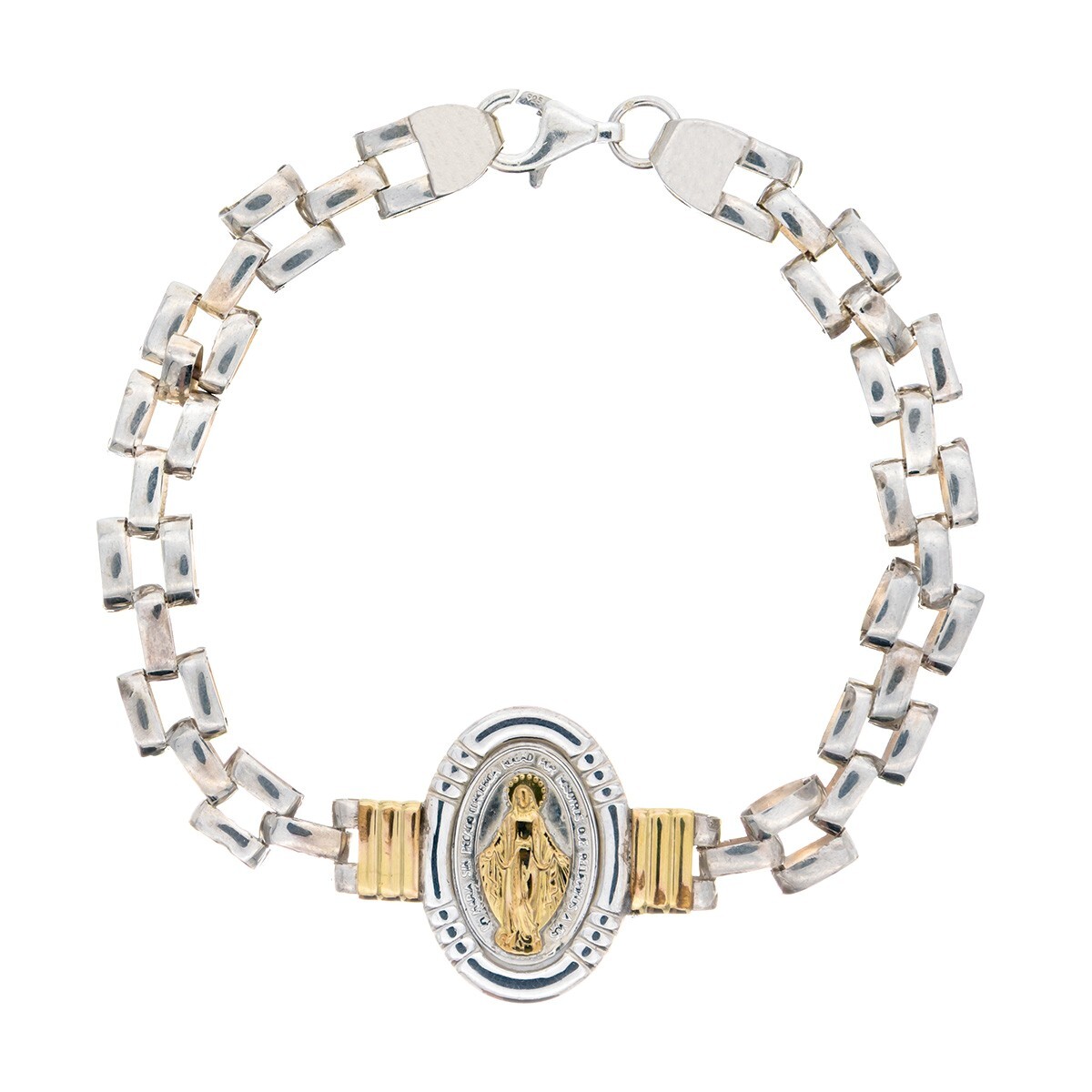 Pulsera religiosa de plata 925 y double en oro 18 ktes, MILAGROSA. 