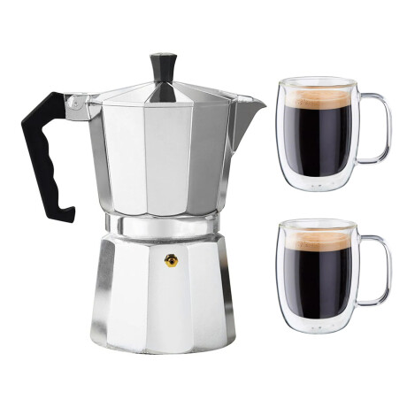 Set Cafetera Italiana 450Ml Bastiani + 2 Tazas Café Vidrio Plateado