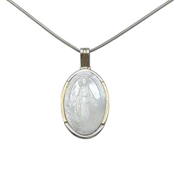 Dije Colgante Oval Virgen Milagrosa-Plata 925 y Oro-Con Piedra Nacar-CP5211 conpiedra