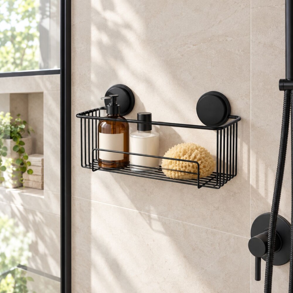ORGANIZADOR DE BAÑO ADHESIVO NEGRO MATE Organizador De Baño Adhesivo Negro Mate