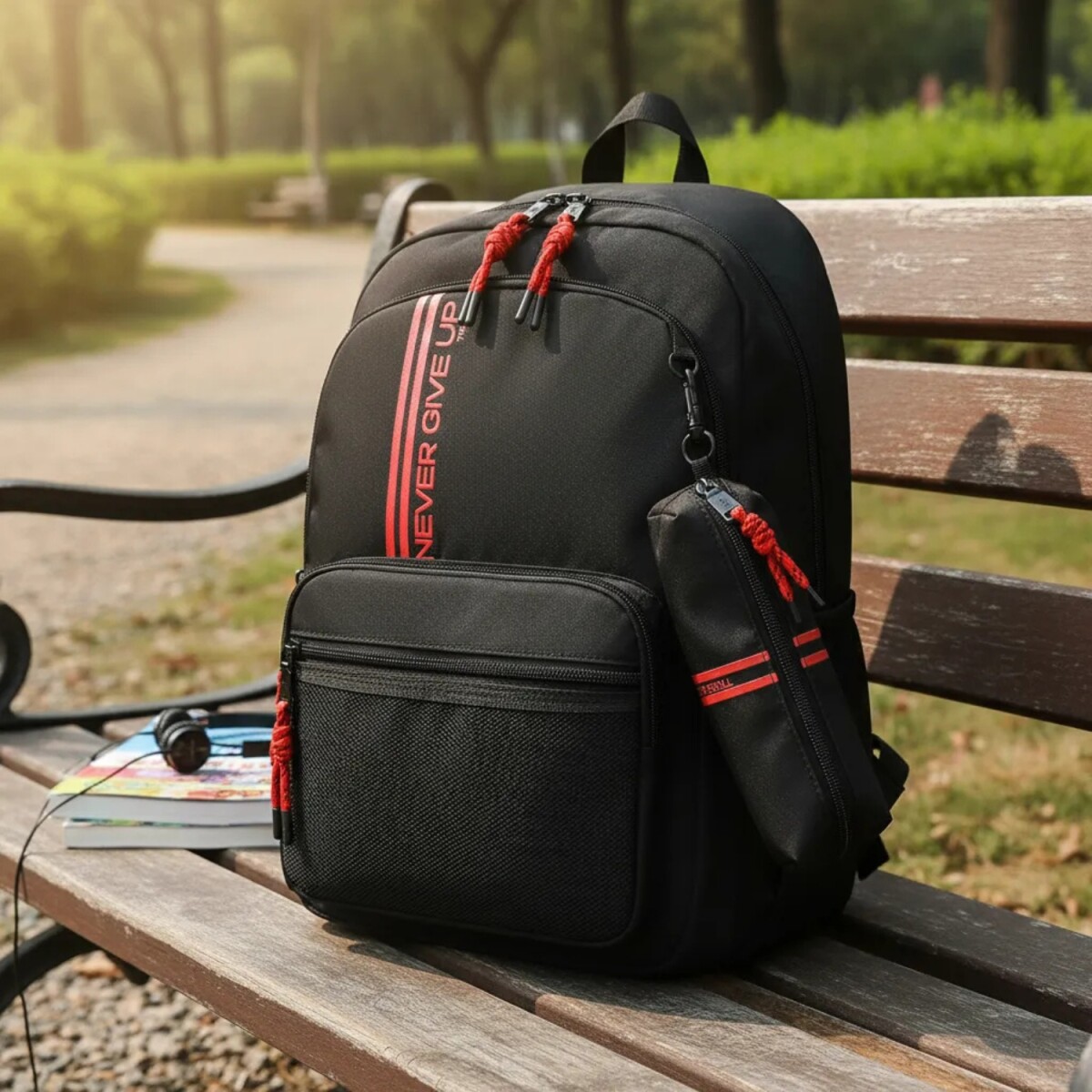 Mochila Trendy Never Give up con cartuchera - Negro 