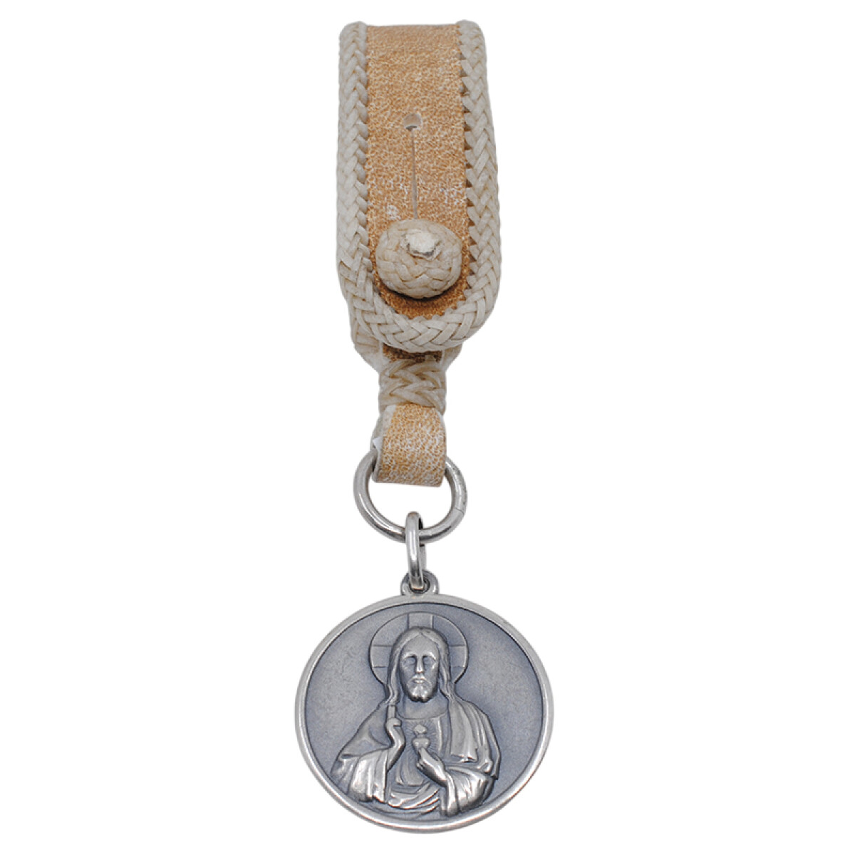 Llavero en cuero con medalla de plata 925 Sagrado Corazón 