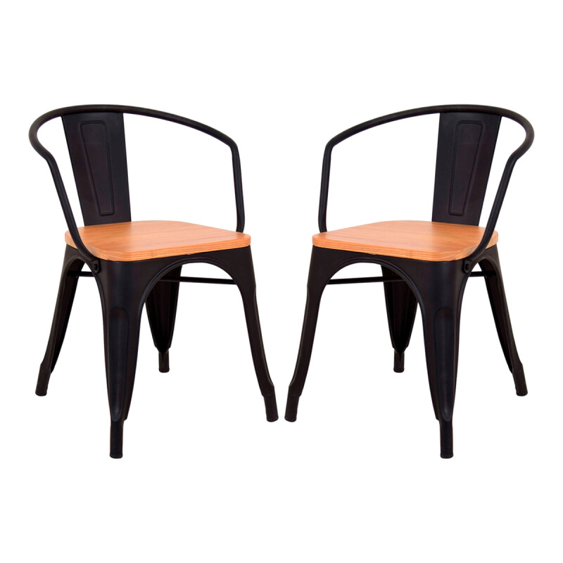 Set x2 Butaca Tolix de metal asiento de madera con apoya brazos NEGRO