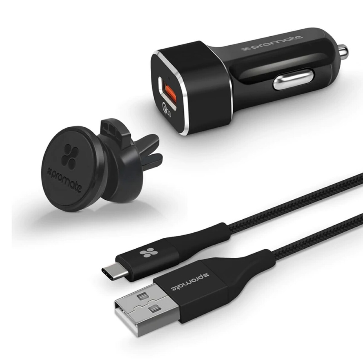 Kit Carga Rápida Auto Soporte Cargador Cable USB Promate QC3 - Negro 