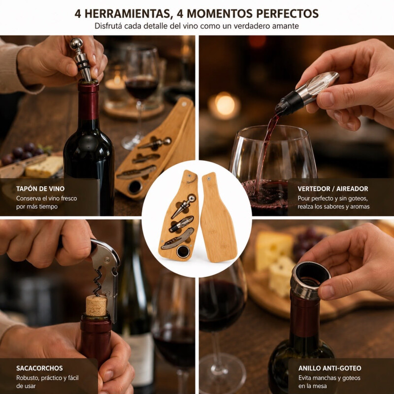 Set de Accesorios para Vino 4 Piezas en Caja Bamboo Set de Accesorios para Vino 4 Piezas en Caja Bamboo