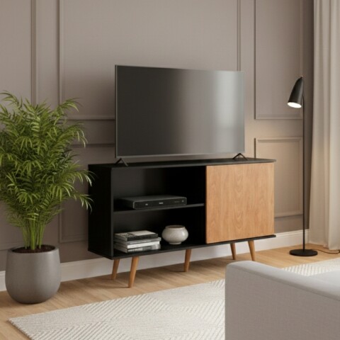 Mueble Rack de Tv de Piso con Puerta y Estantes 136 cm de Ancho - Negro / Roble Dakar Mueble Rack de Tv de Piso con Puerta y Estantes 136 cm de Ancho - Negro / Roble Dakar