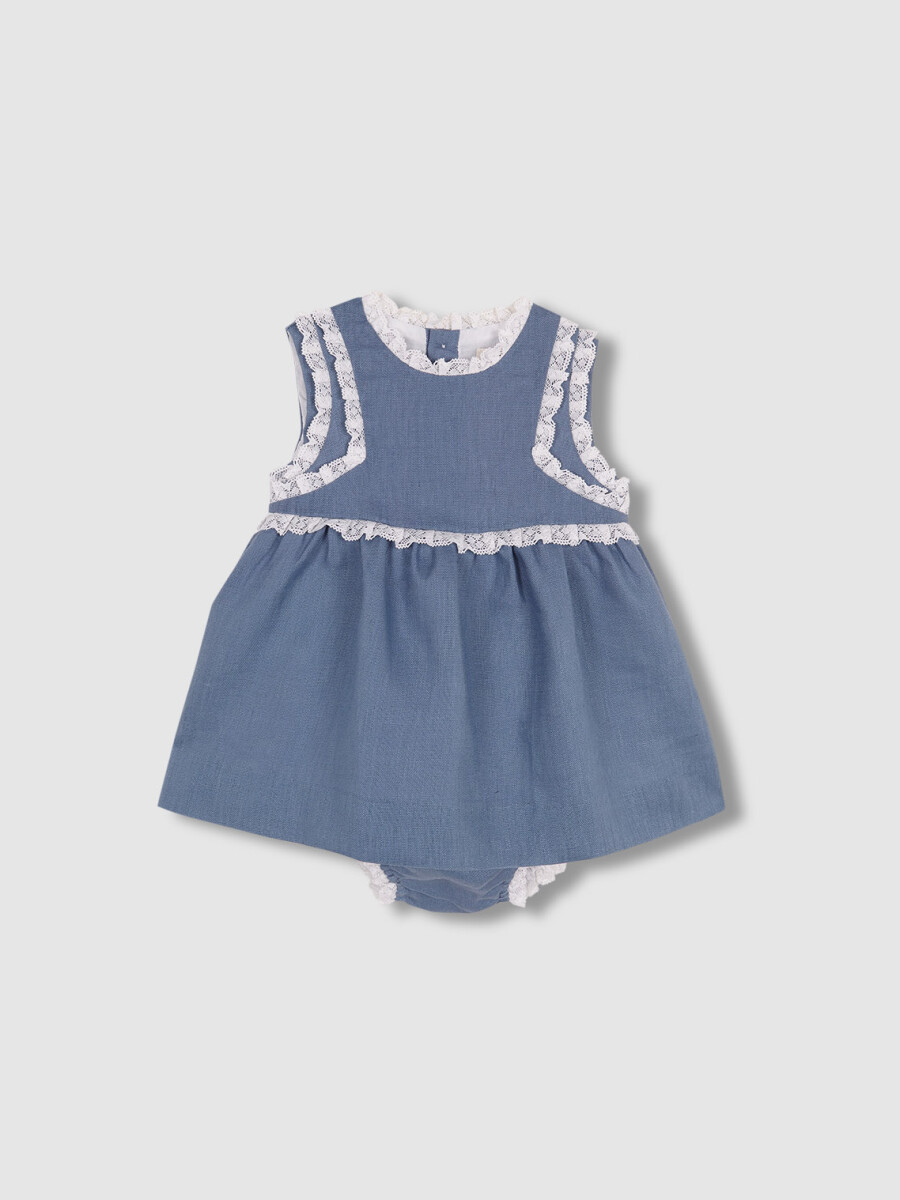Vestido Lino Con Tiras Bordadas En Contr Azul Medio Claro