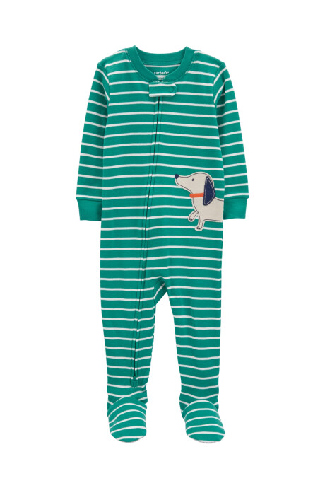 Pijama una pieza de algodón, verde, estampa perro. Talles 12-24M Sin color