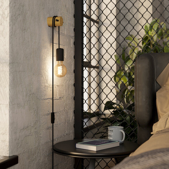 Lámpara de pared acero negro y madera E27 BUDDON EG4250