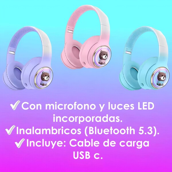 Auriculares Vincha Bluetooth Inalambricos Luces Microfono Variante Diseño Oso Celeste