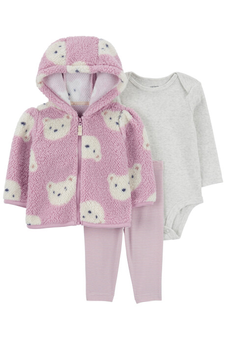 Set tres piezas, campera de sherpa, pantalón y body de algodón, diseño osos Sin color