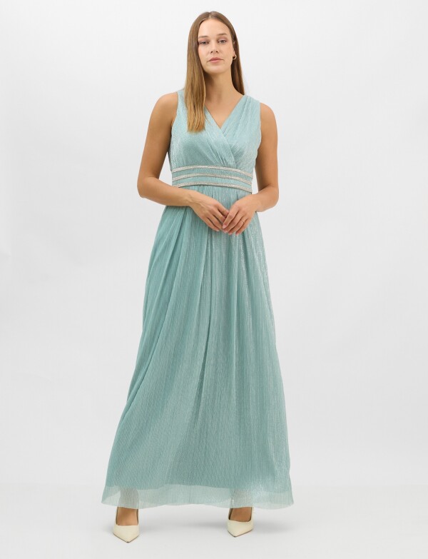 Vestido Gasa Con Lurex Y Cintura De Strass VERDE AGUA