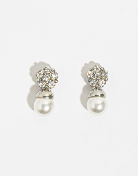 Aros Colgantes Cortos Perlas Aros Con Strass Y Perla - Plateado Rodio