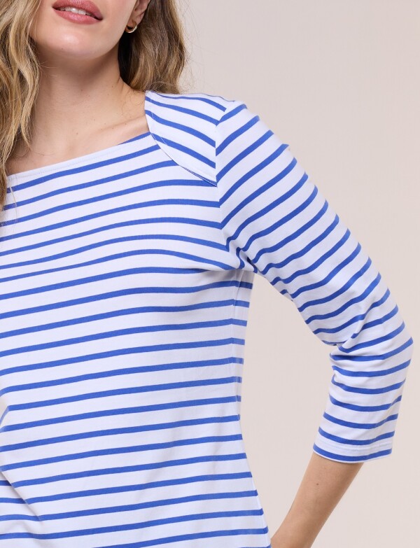 Remera Escote Bote Con Manga 3/4 Raglán BLANCO/AZUL