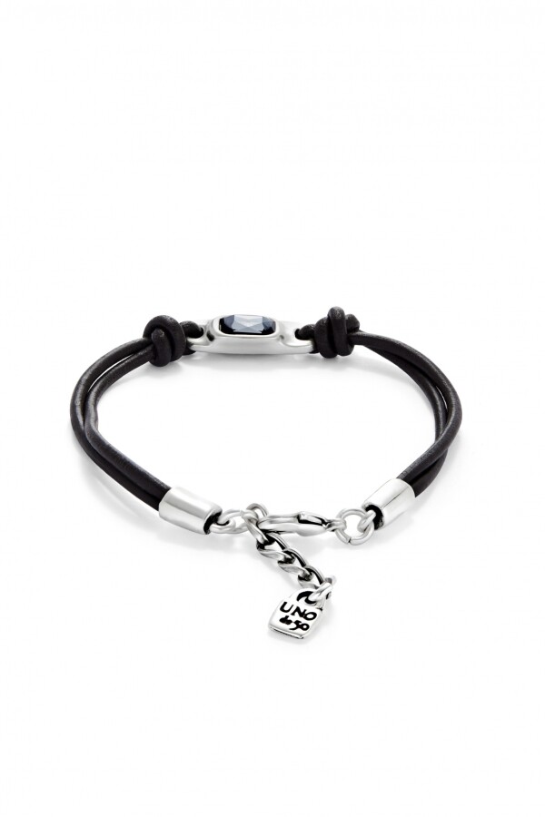 PULSERA DE CUERO BAÑADA EN PLATA DE LEY CON CRISTAL GRIS Pulsera