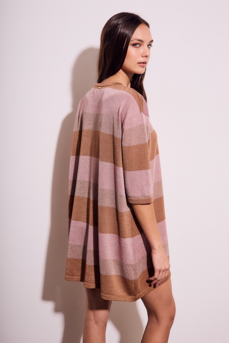 Vestido Tejido Rayado Lurex Rosa