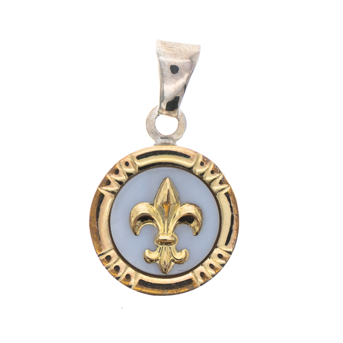 Dije de plata 925 y double de oro 18 ktes con nácar, FLOR DE LIS. 